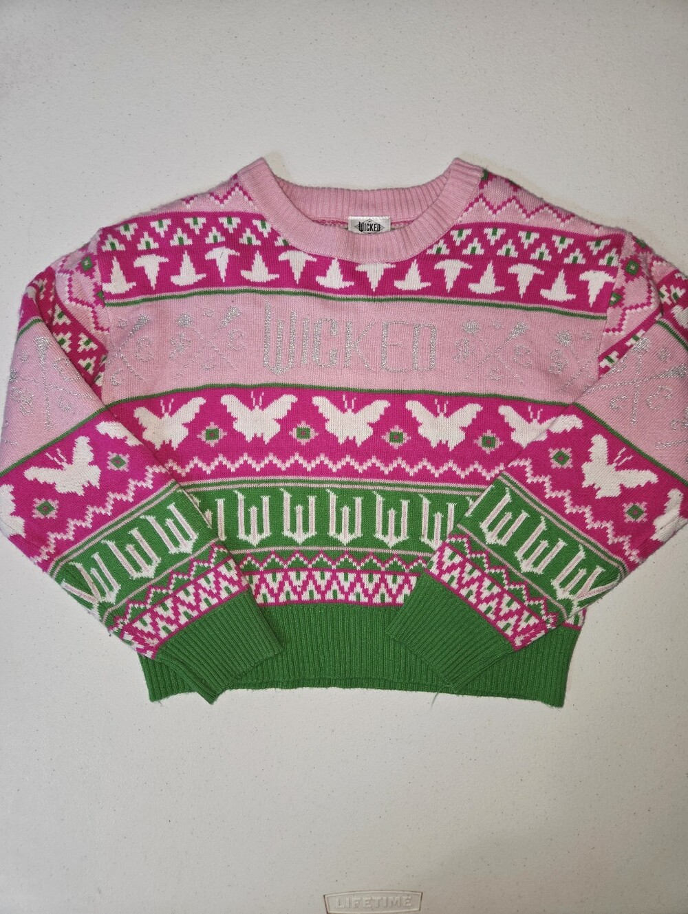 Wicked vivid pink and green fair isle crew neck sweater 7/8